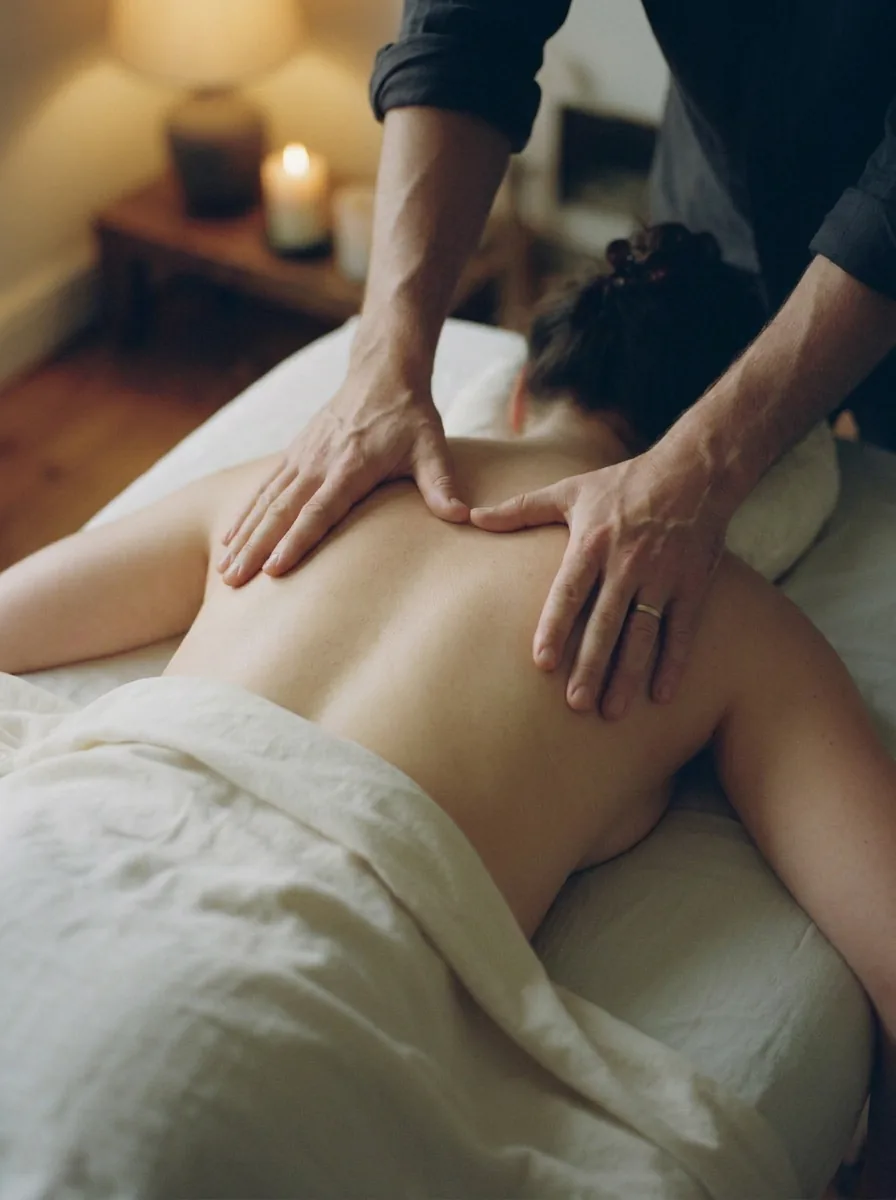 A man's hands flat at the base of her neck, thumbs either side of her spine.