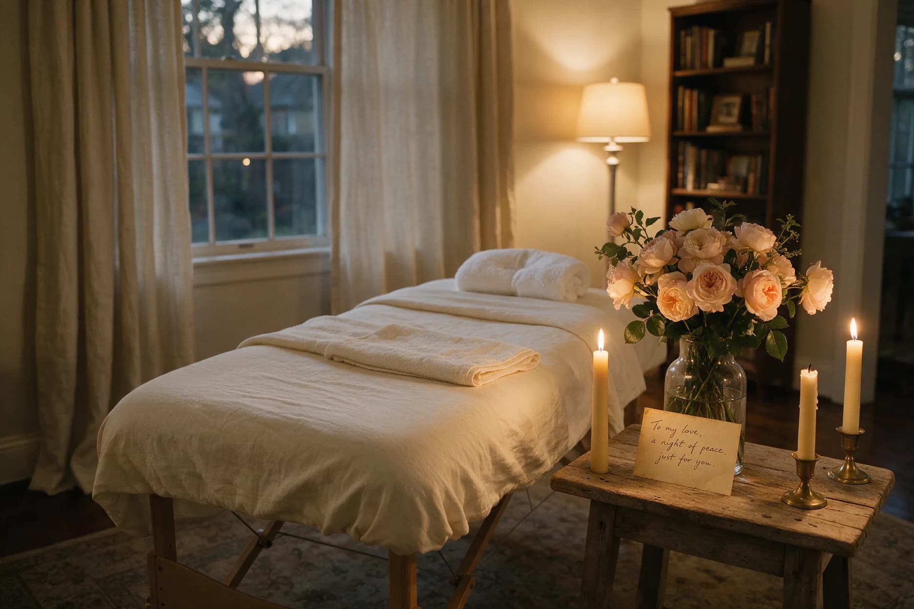 A living room set for the evening: a dressed table, roses, candles, one not yet lit.